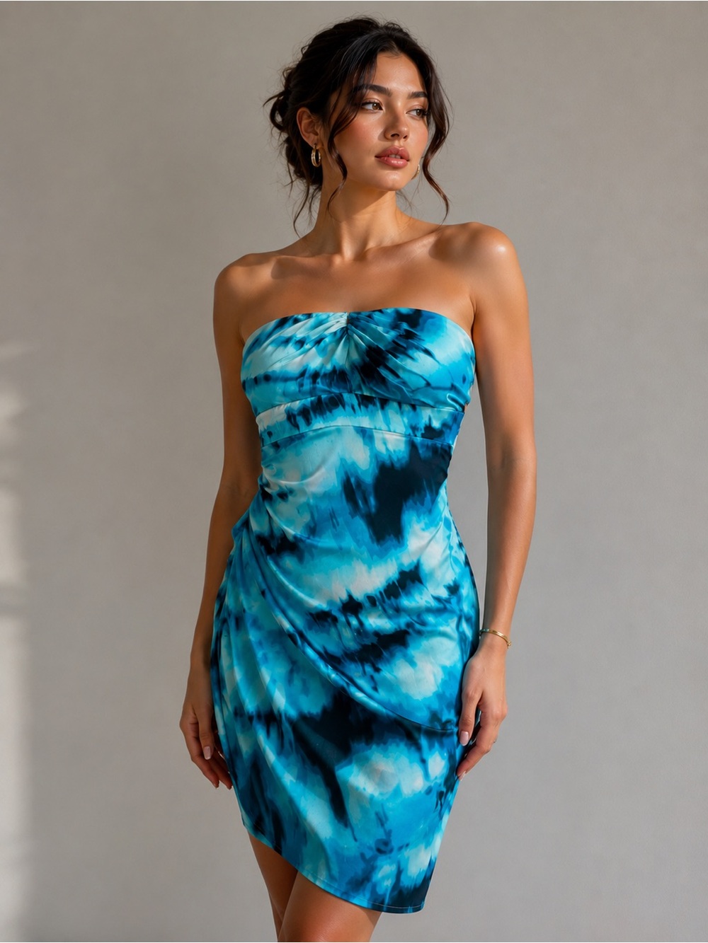 Psychedelic Vibrant Blue Tie-Dye Strapless Dress